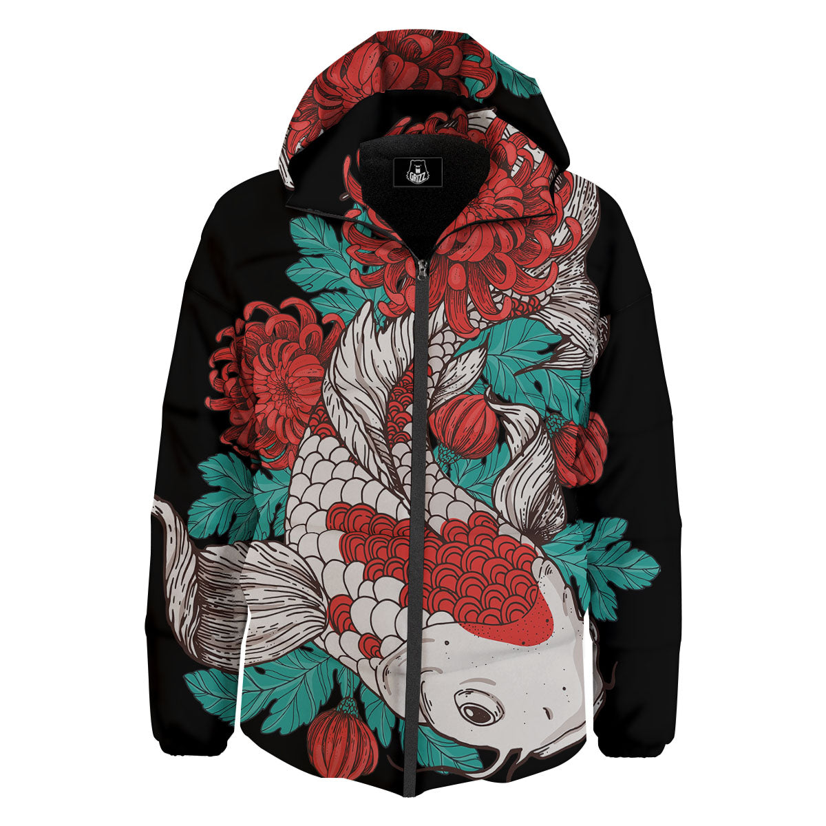 Chrysanthemums And Japanese Koi Print Down Jacket-grizzshop