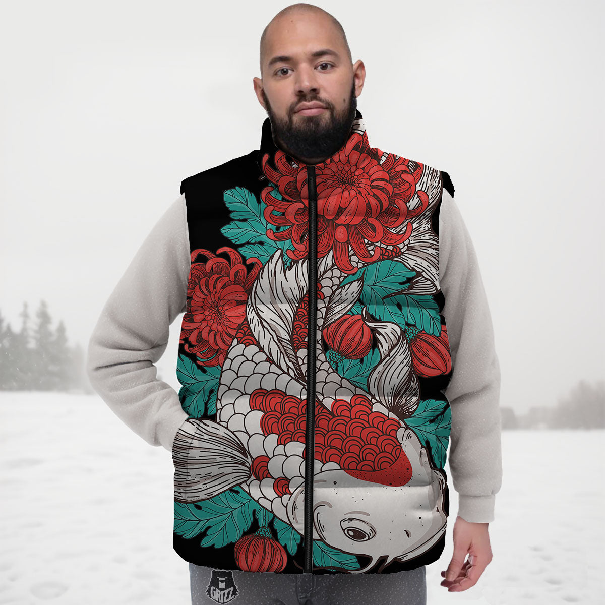 Chrysanthemums And Japanese Koi Print Down Vest