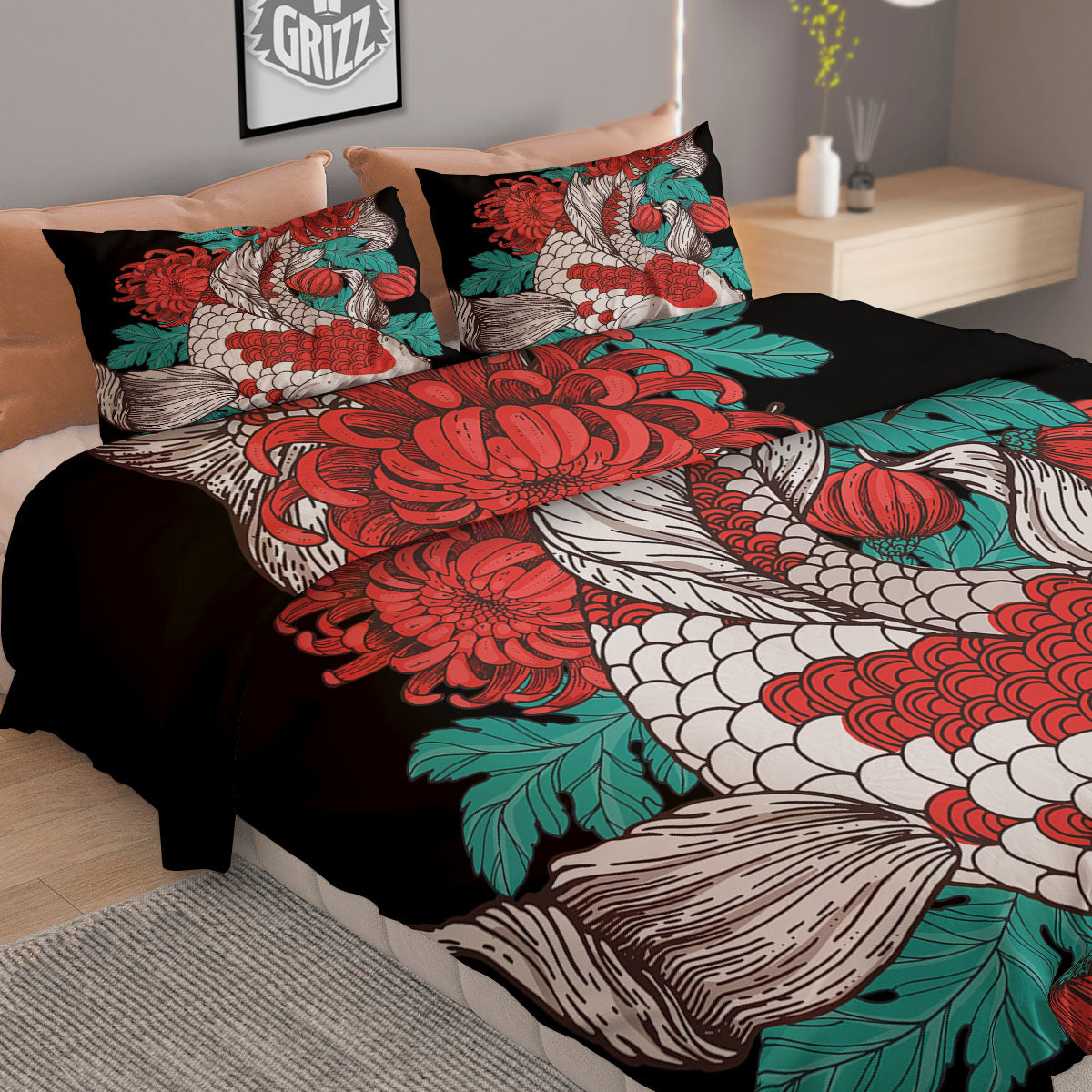 Chrysanthemums And Japanese Koi Print Duvet Cover Bedding Set