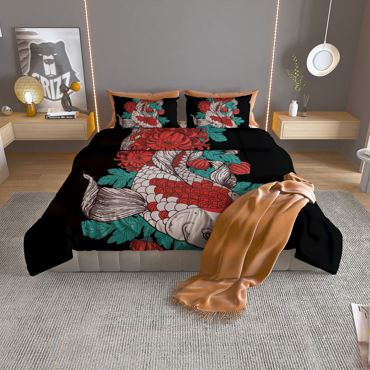 Chrysanthemums And Japanese Koi Print Duvet Cover Bedding Set