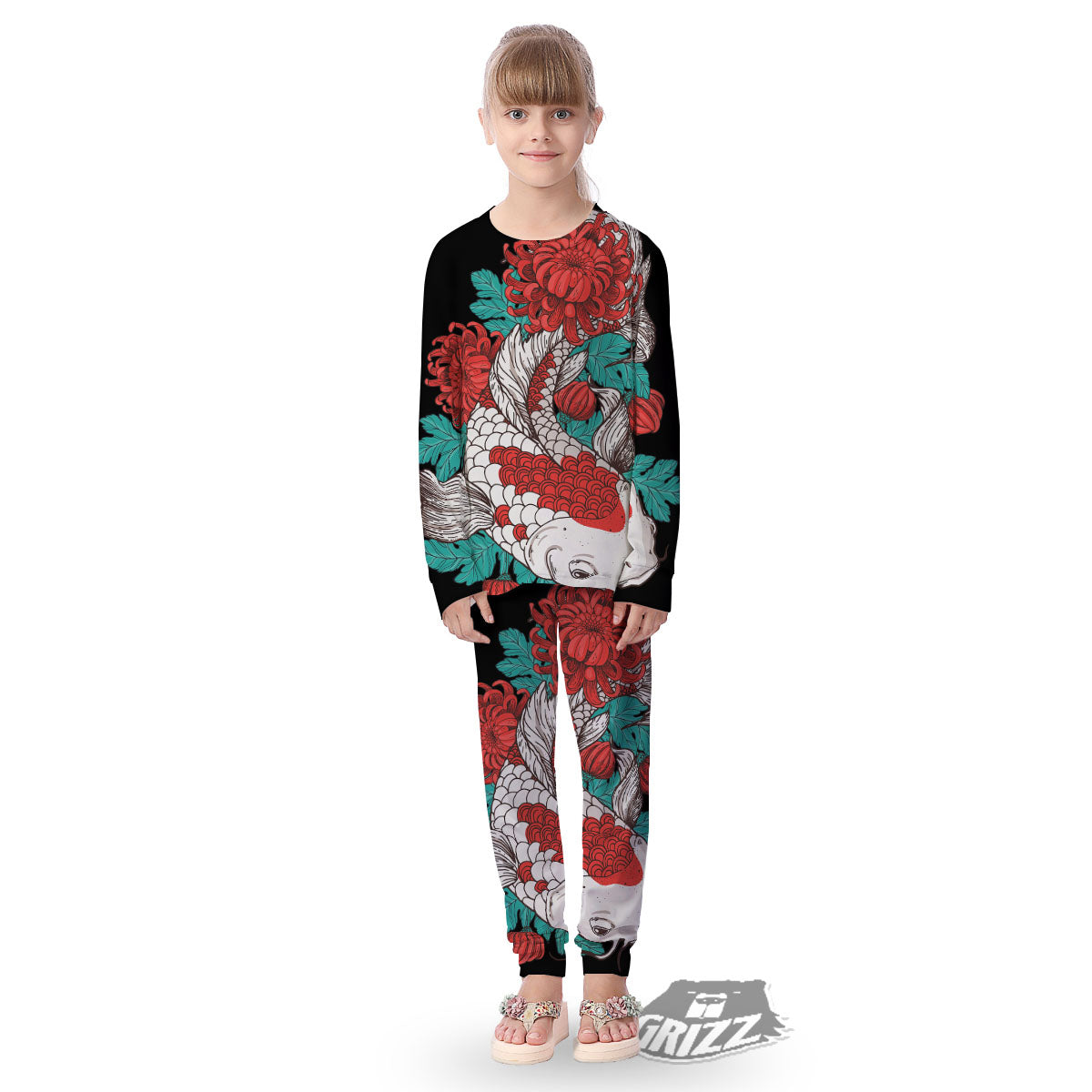 Chrysanthemums And Japanese Koi Print Kid's Pajamas-grizzshop