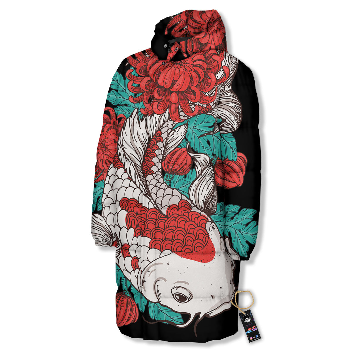 Chrysanthemums And Japanese Koi Print Long Down Jacket-grizzshop