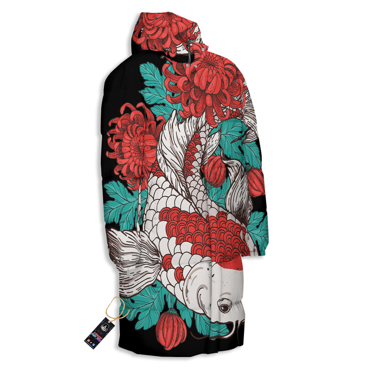 Chrysanthemums And Japanese Koi Print Long Down Jacket-grizzshop