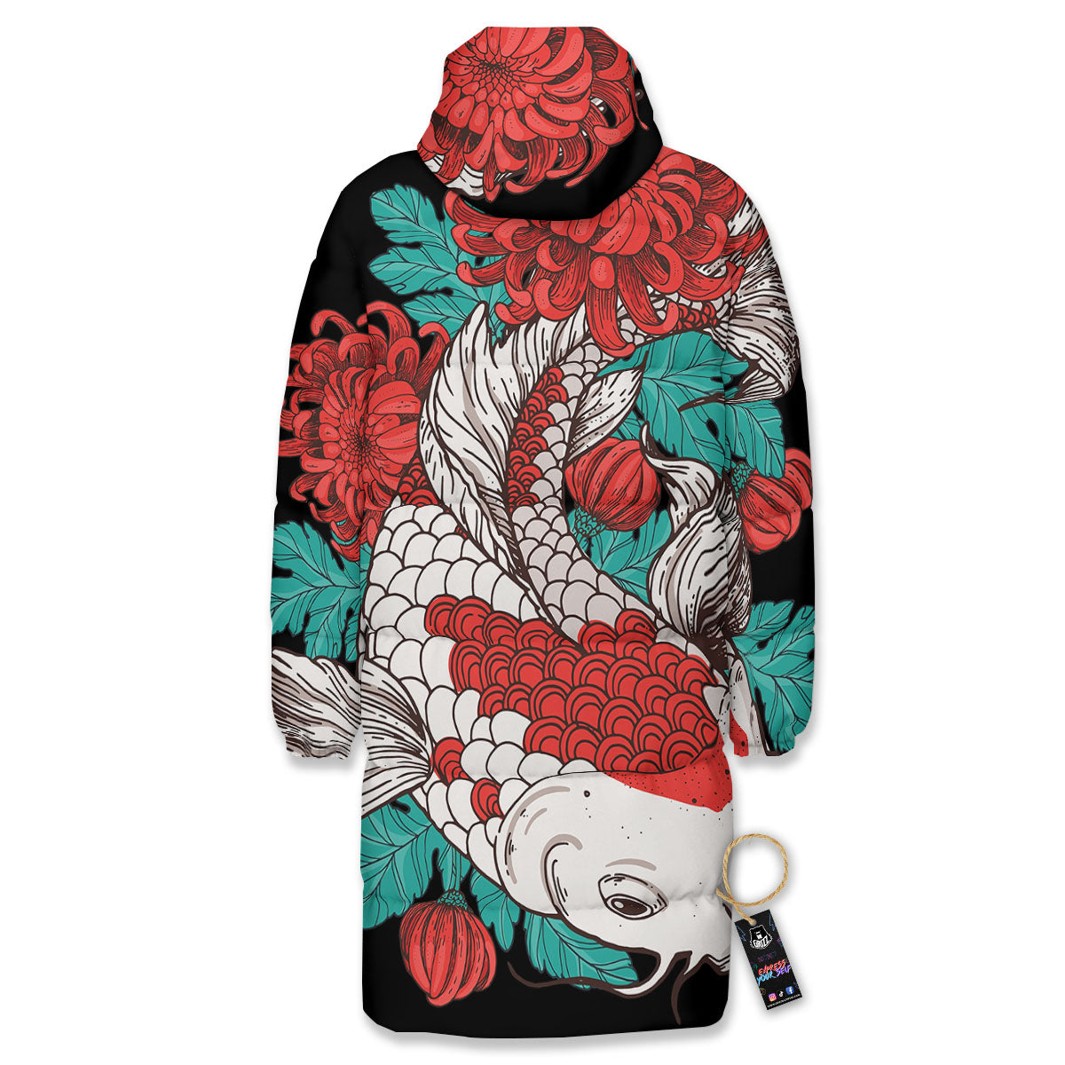 Chrysanthemums And Japanese Koi Print Long Down Jacket-grizzshop