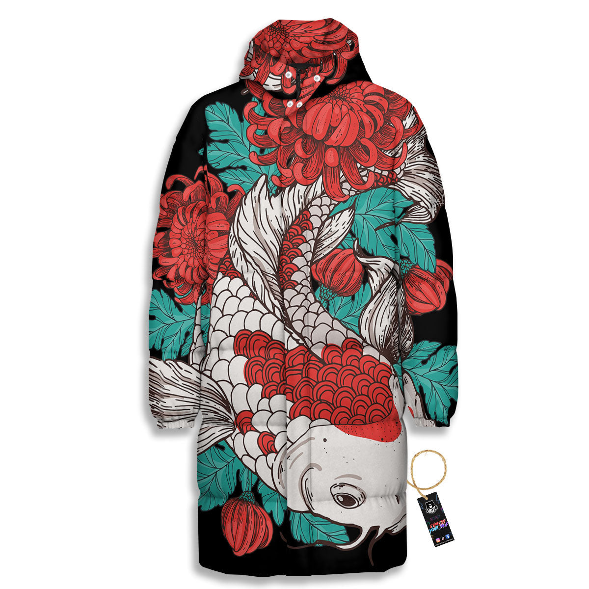Chrysanthemums And Japanese Koi Print Long Down Jacket-grizzshop