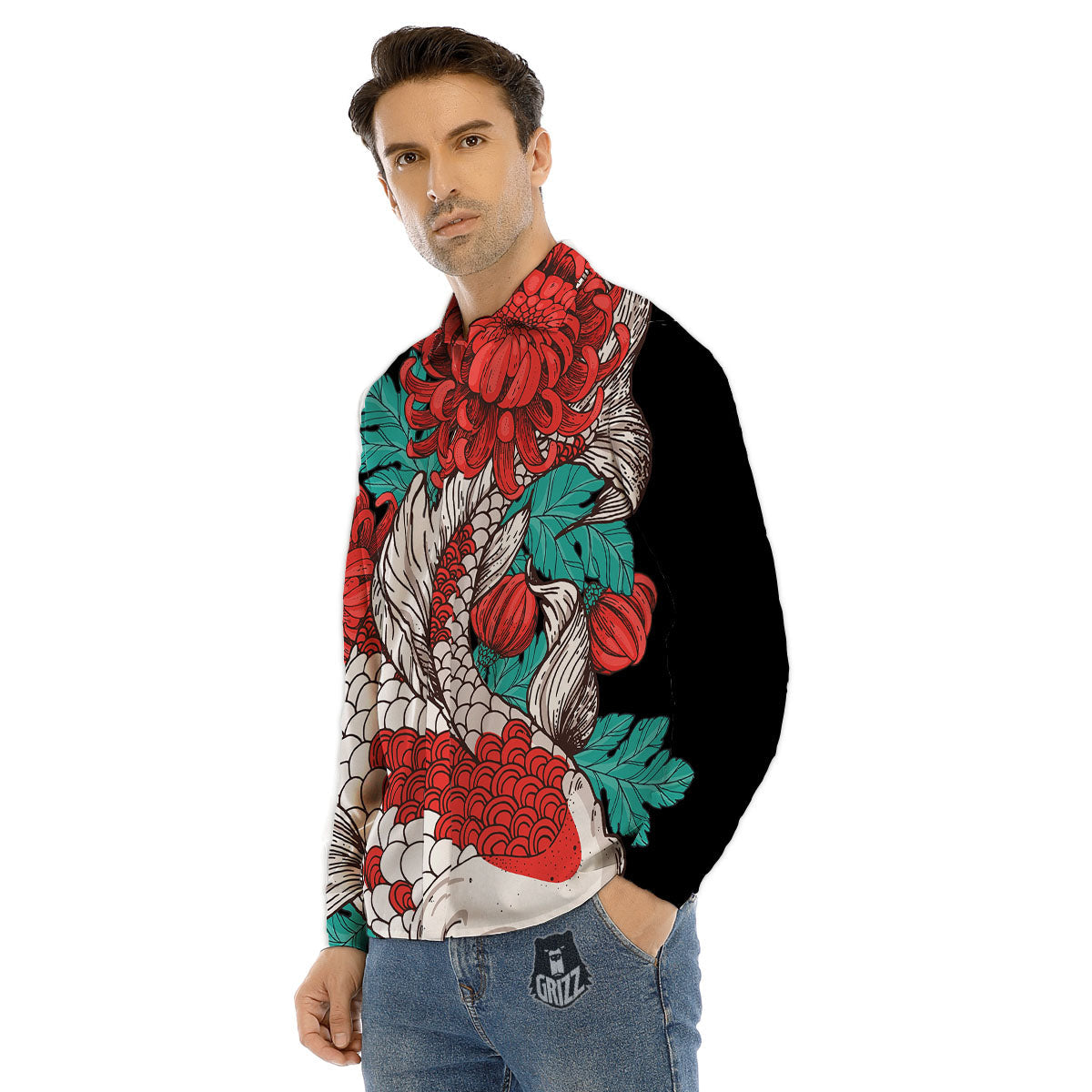 Chrysanthemums And Japanese Koi Print Men's Dress Shirts-grizzshop
