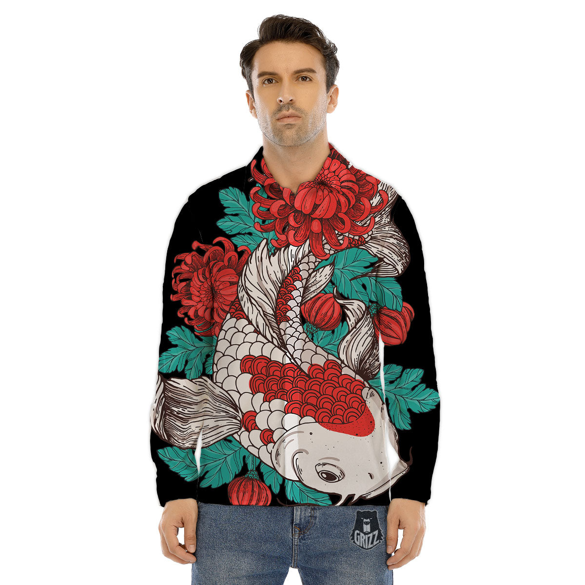 Chrysanthemums And Japanese Koi Print Men's Dress Shirts-grizzshop