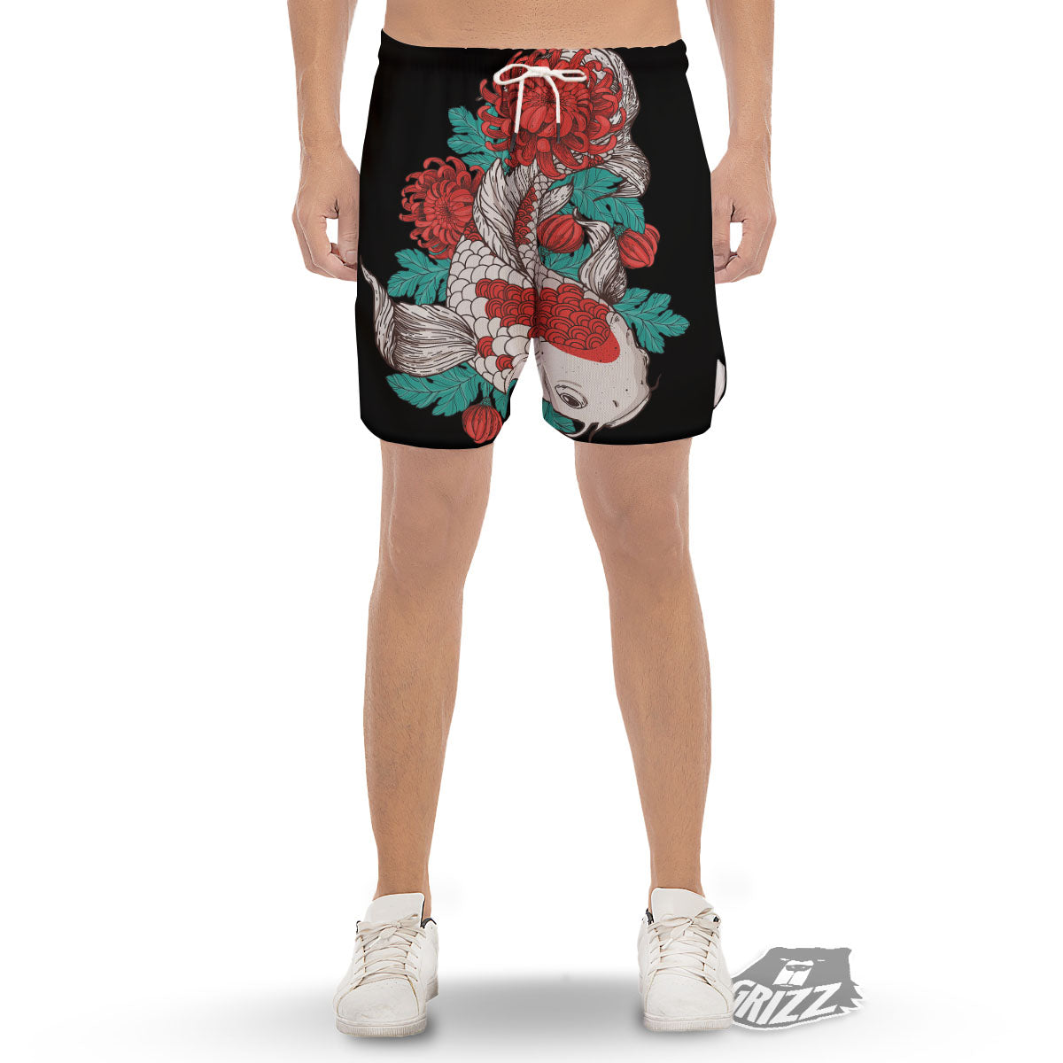 Chrysanthemums And Japanese Koi Print Men's Gym Shorts-grizzshop
