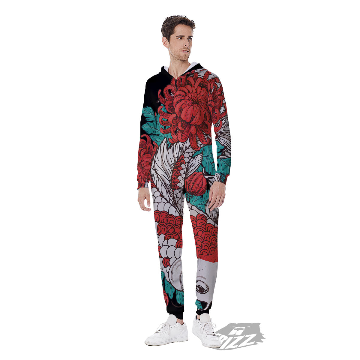 Chrysanthemums And Japanese Koi Print Men's Jumpsuit-grizzshop