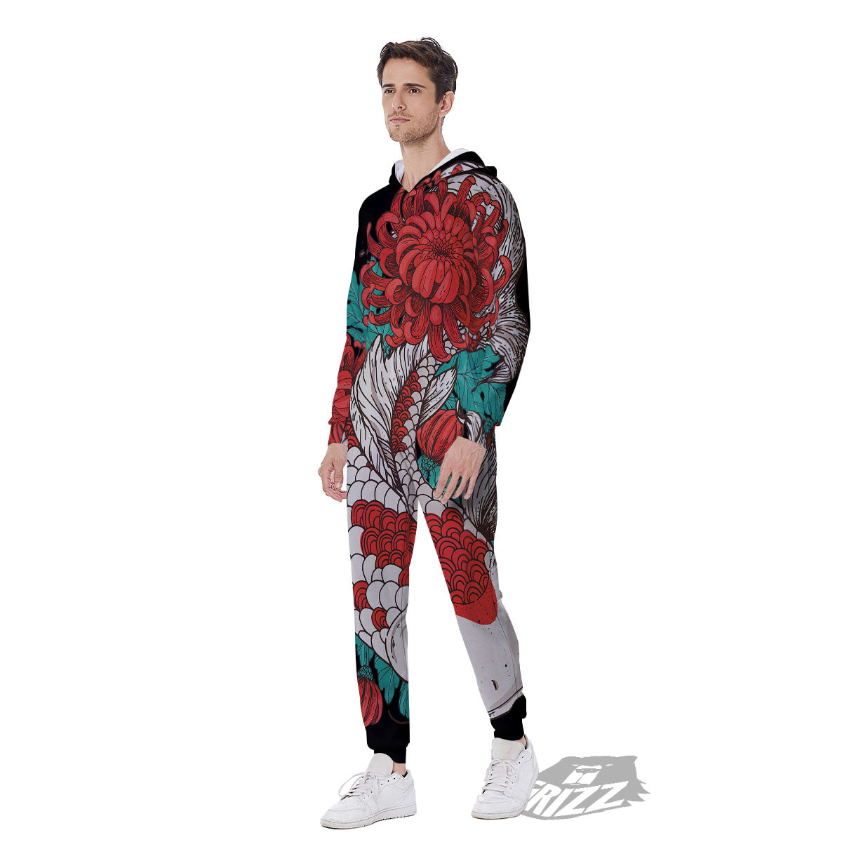 Chrysanthemums And Japanese Koi Print Men's Jumpsuit-grizzshop