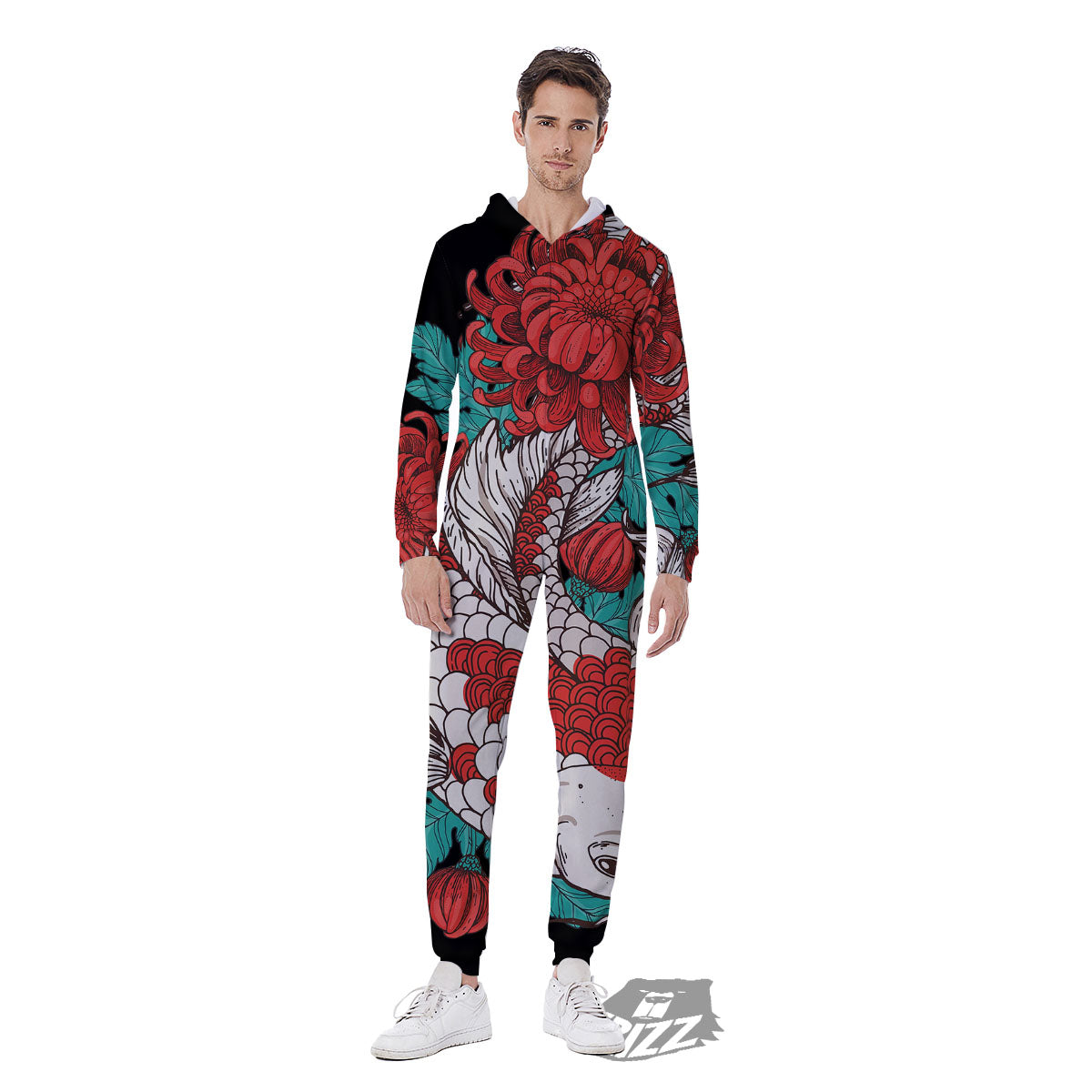 Chrysanthemums And Japanese Koi Print Men's Jumpsuit-grizzshop