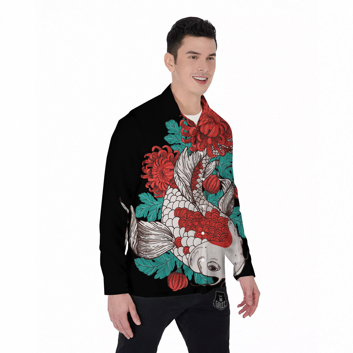 Chrysanthemums And Japanese Koi Print Men's Long Sleeve Shirts-grizzshop