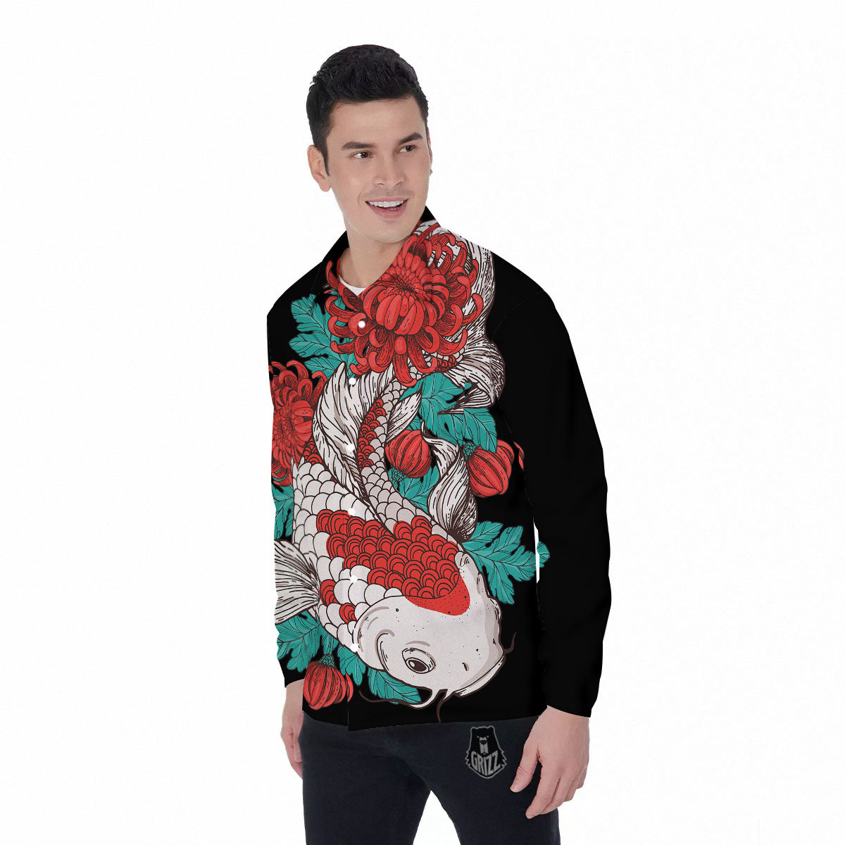 Chrysanthemums And Japanese Koi Print Men's Long Sleeve Shirts-grizzshop