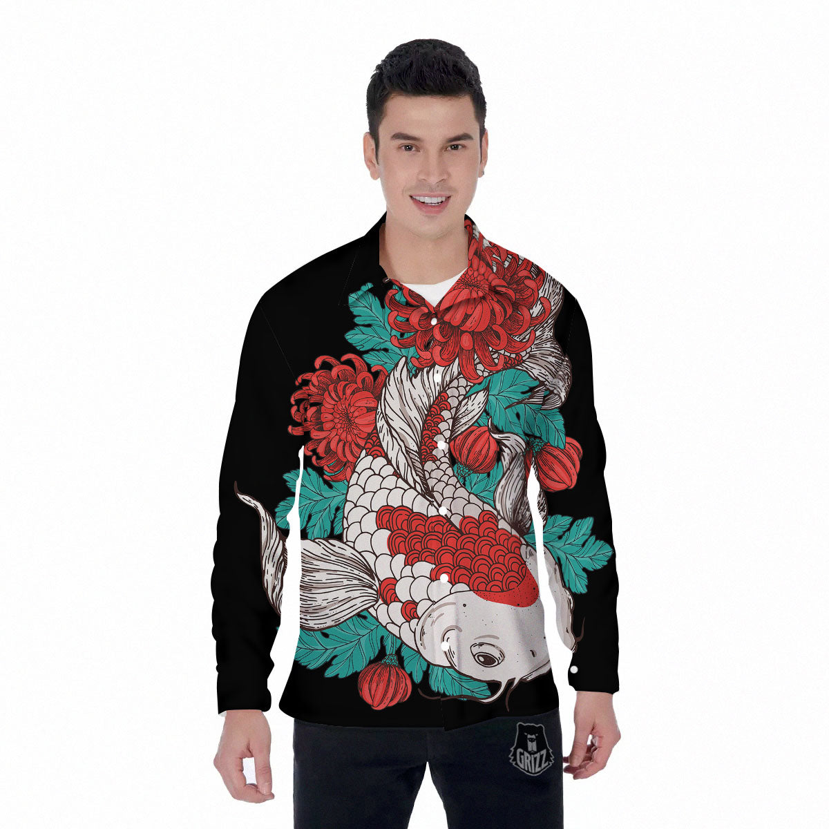 Chrysanthemums And Japanese Koi Print Men's Long Sleeve Shirts-grizzshop