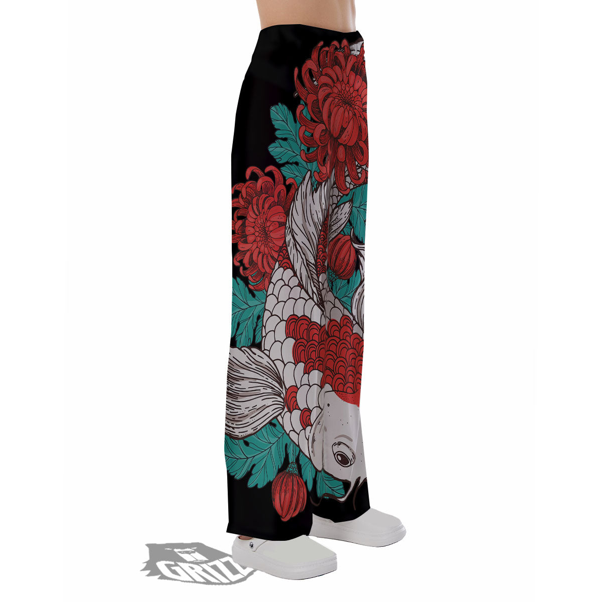 Chrysanthemums And Japanese Koi Print Pajama Pants-grizzshop