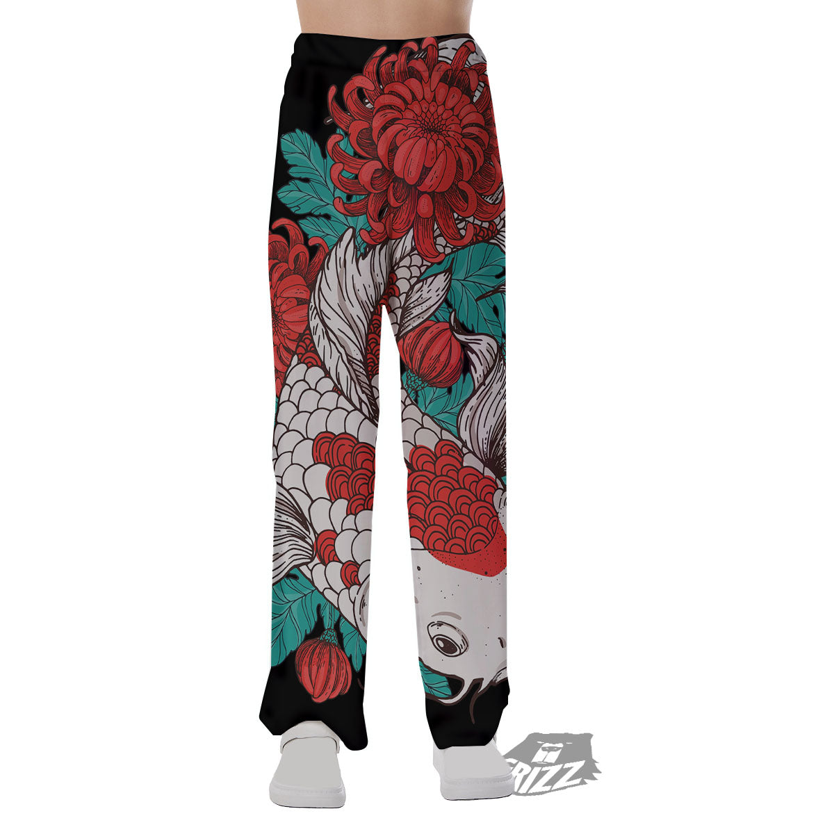 Chrysanthemums And Japanese Koi Print Pajama Pants-grizzshop