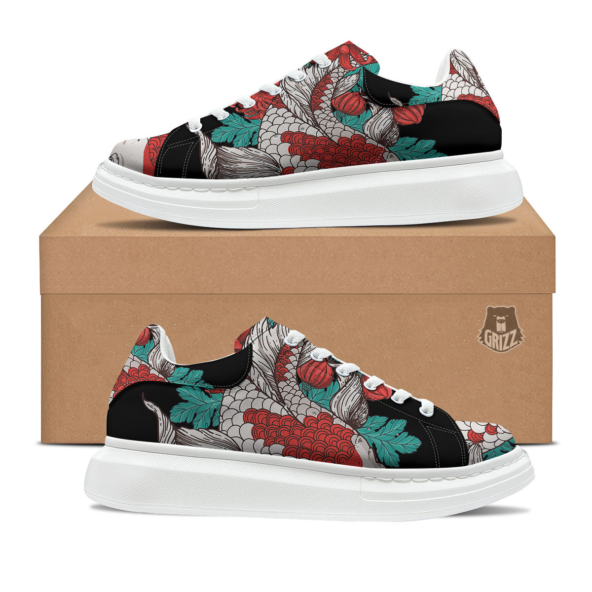 Chrysanthemums And Japanese Koi Print Platform Shoes-grizzshop