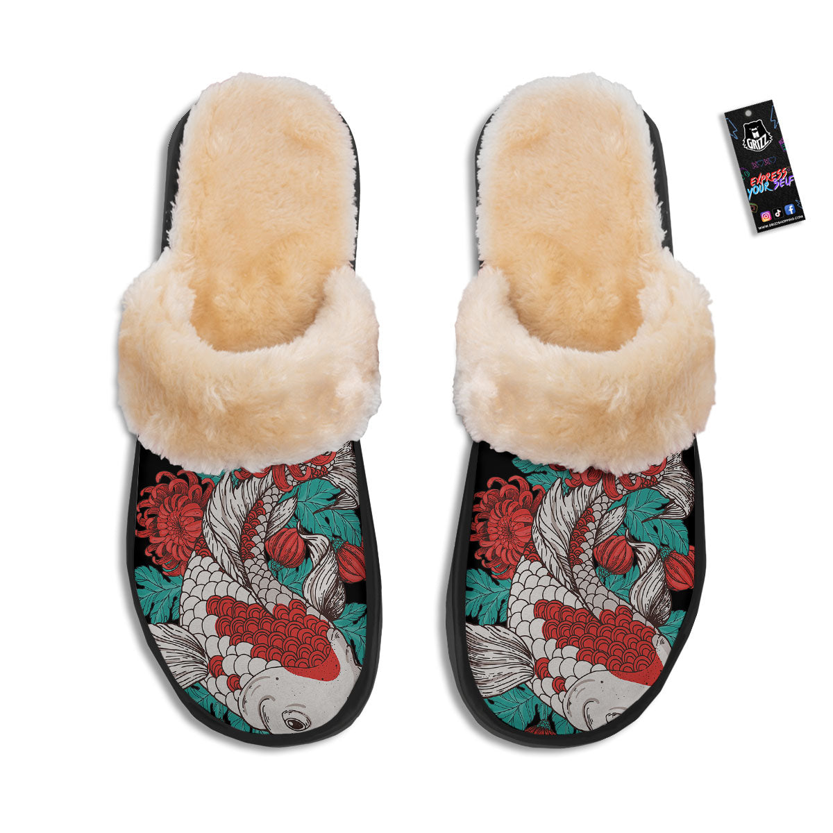 Chrysanthemums And Japanese Koi Print Slippers-grizzshop