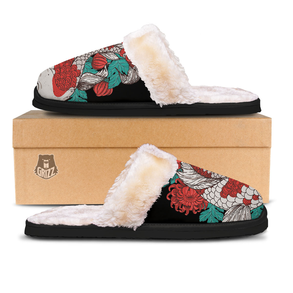Chrysanthemums And Japanese Koi Print Slippers-grizzshop