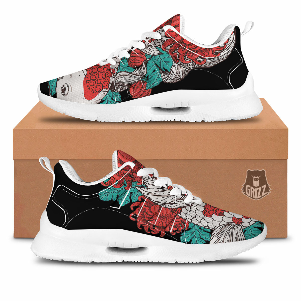 Chrysanthemums And Japanese Koi Print Tennis Shoes-grizzshop