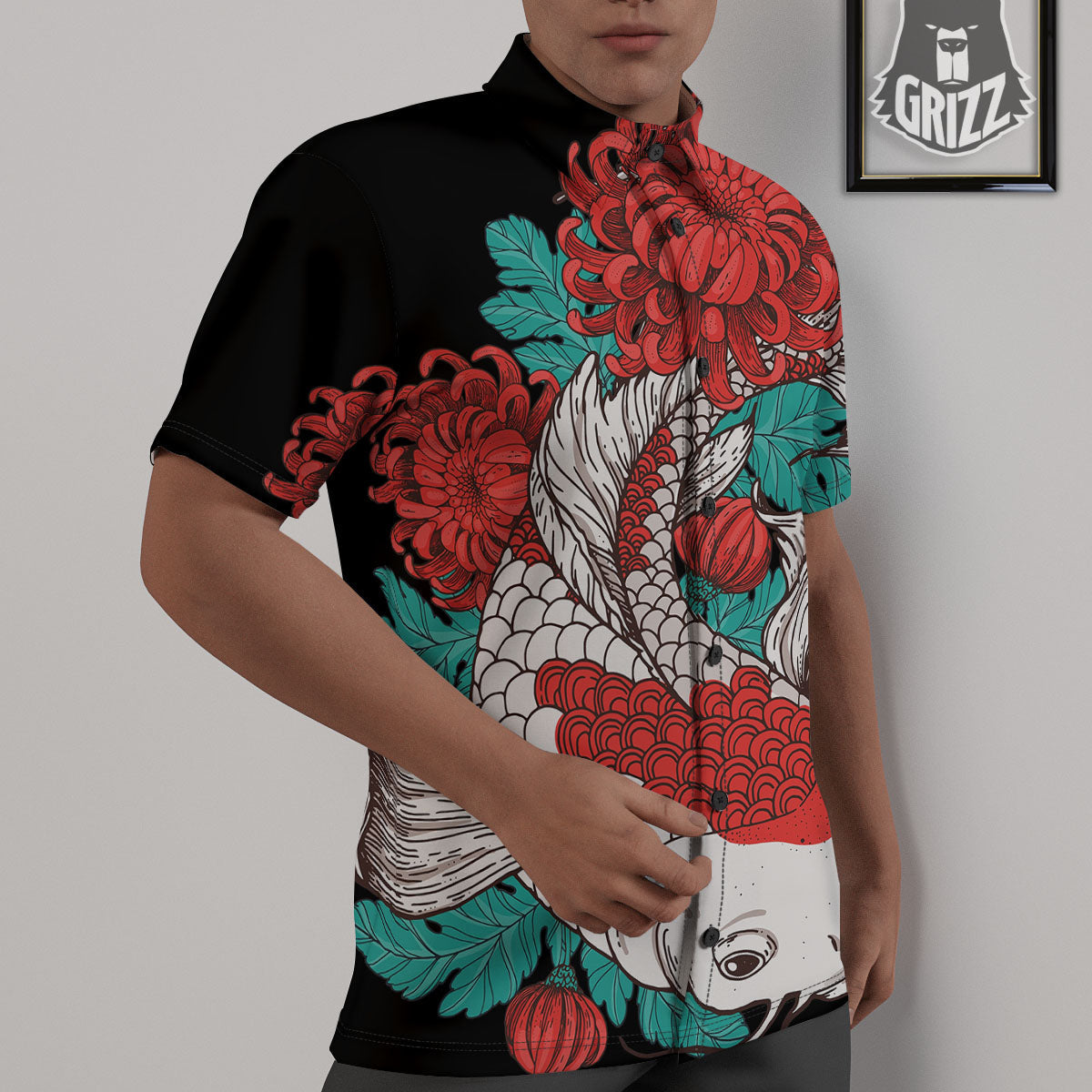 Chrysanthemums And Japanese Koi Print Untucked Shirts-grizzshop