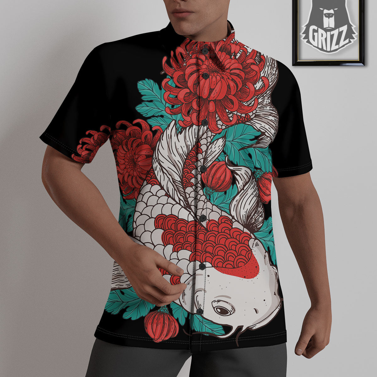 Chrysanthemums And Japanese Koi Print Untucked Shirts-grizzshop