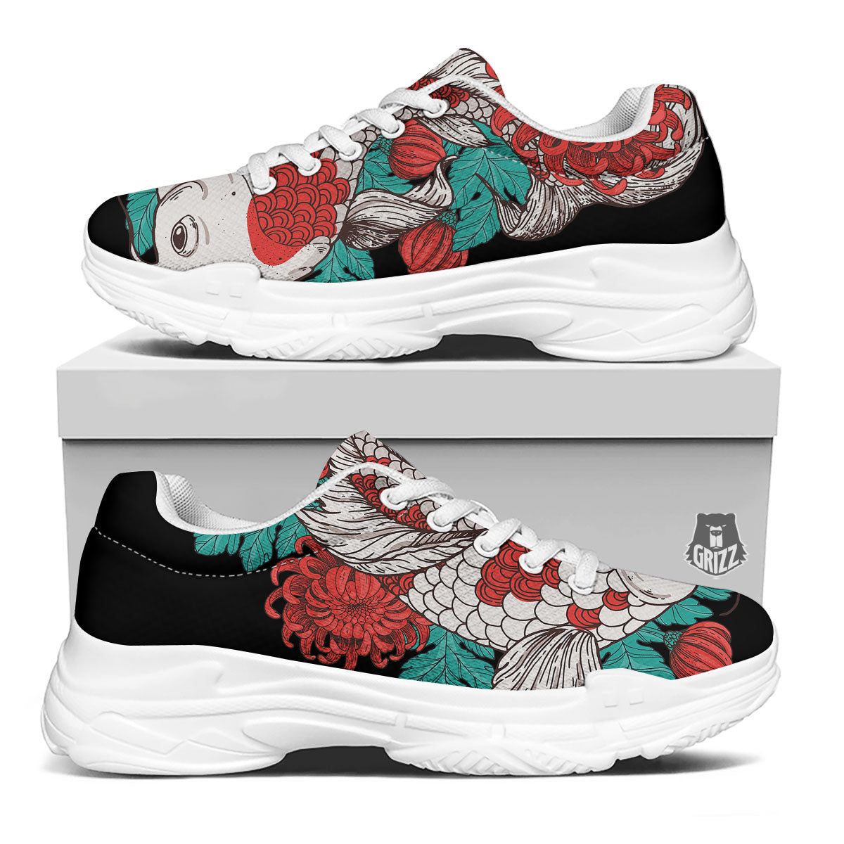 Chrysanthemums And Japanese Koi Print White Chunky Shoes-grizzshop