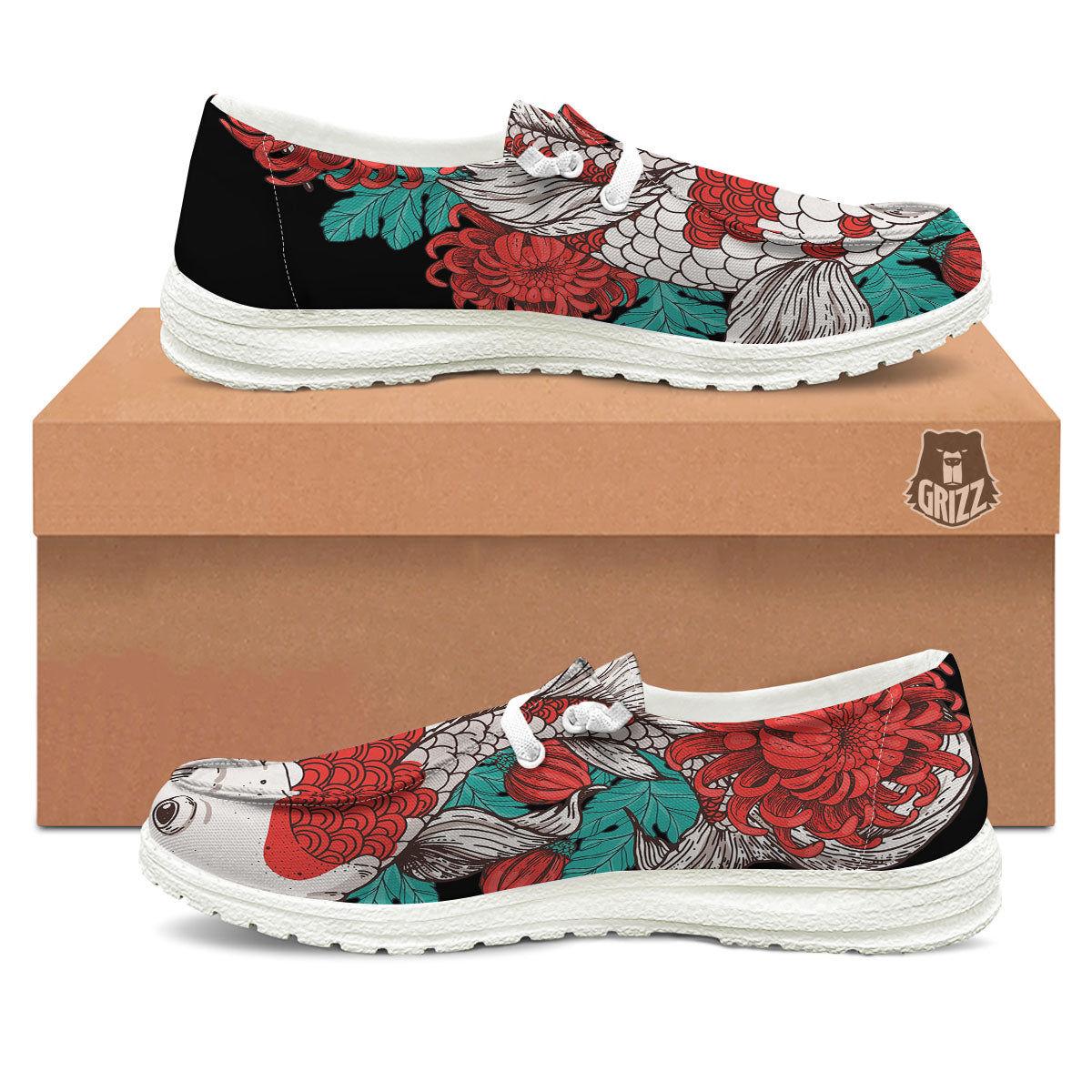 Chrysanthemums And Japanese Koi Print White Loafers-grizzshop