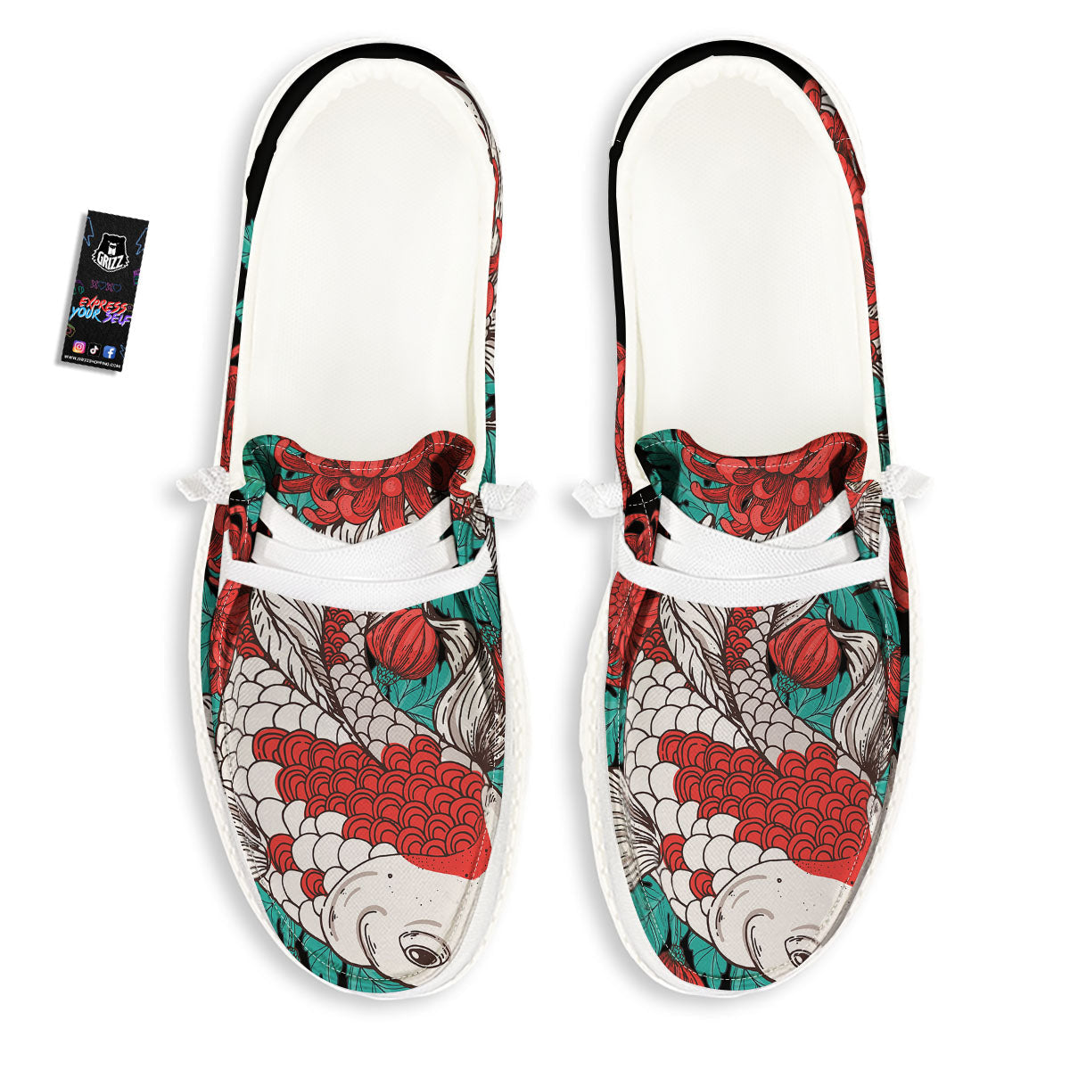 Chrysanthemums And Japanese Koi Print White Loafers-grizzshop