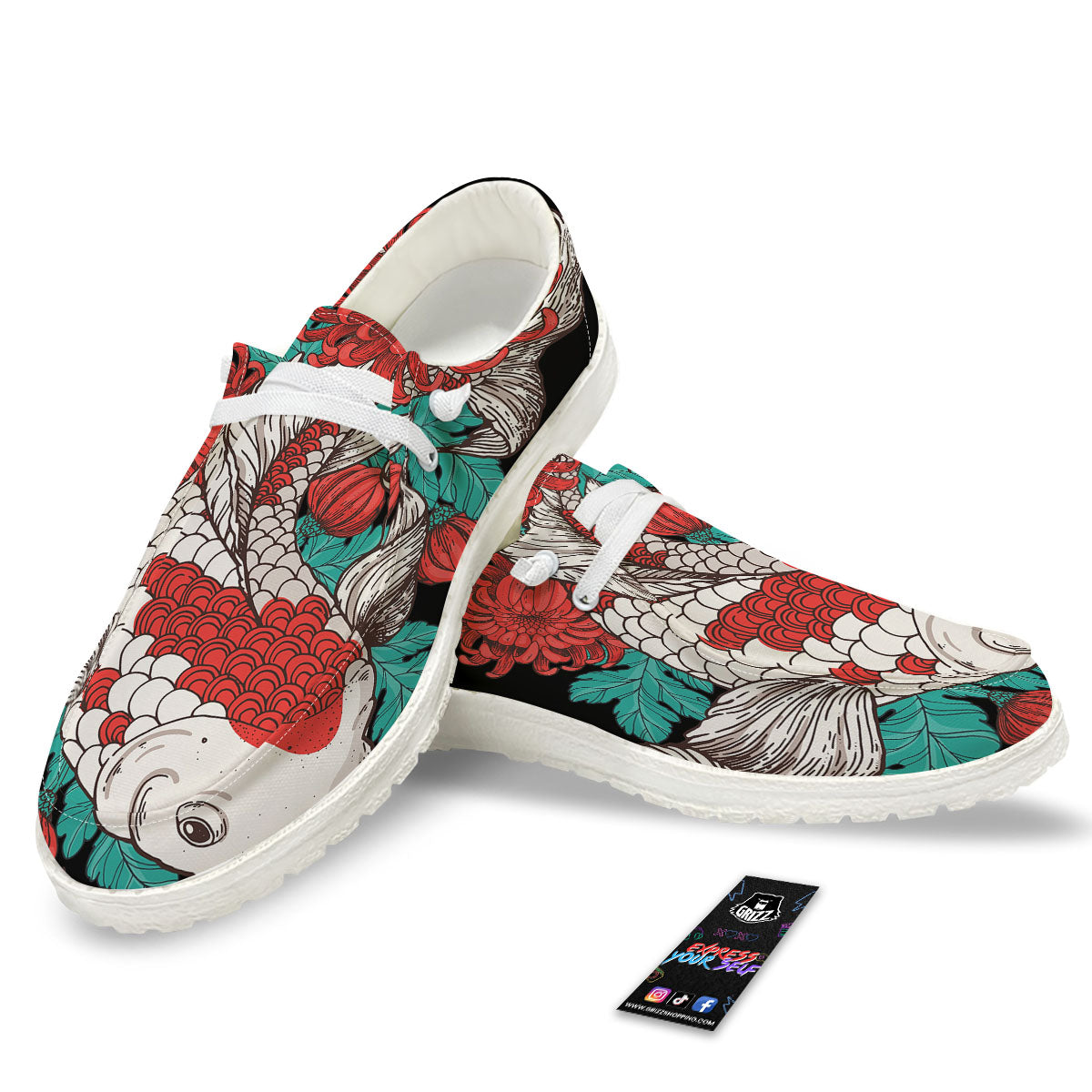Chrysanthemums And Japanese Koi Print White Loafers-grizzshop