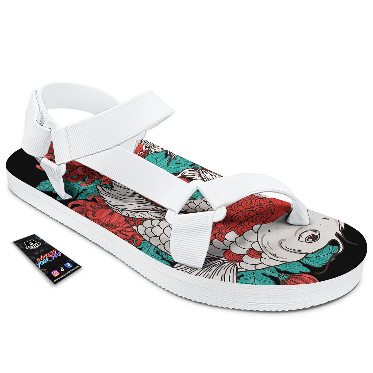 Chrysanthemums And Japanese Koi Print White Open Toe Sandals-grizzshop