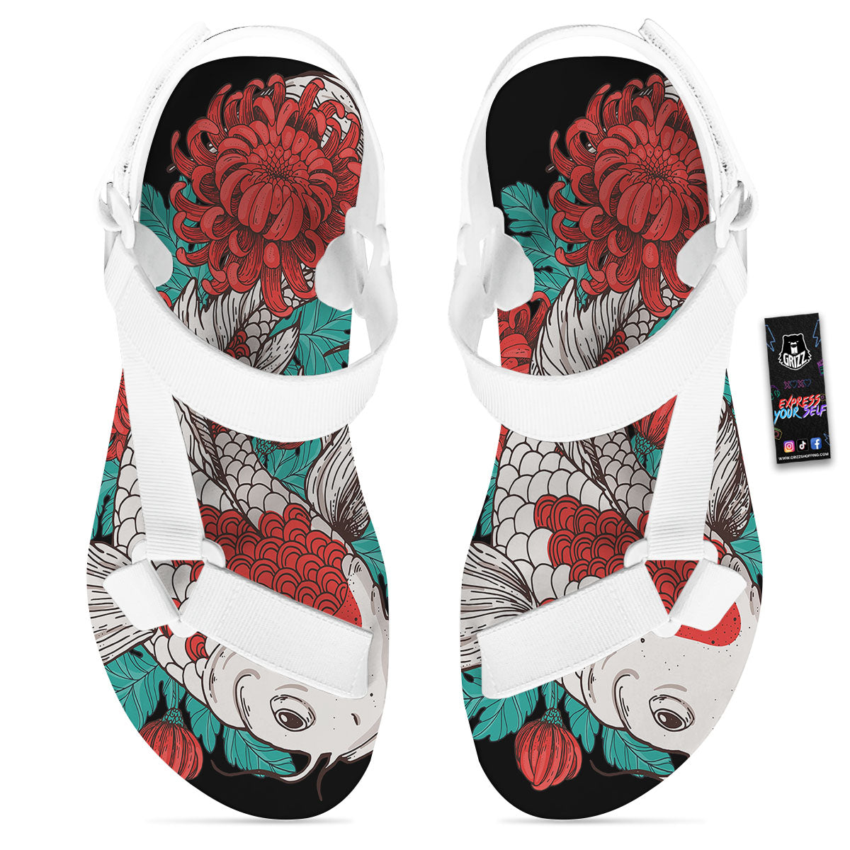 Chrysanthemums And Japanese Koi Print White Open Toe Sandals-grizzshop