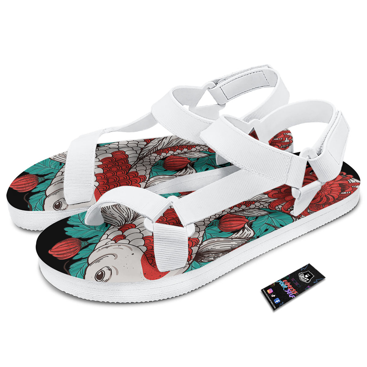 Chrysanthemums And Japanese Koi Print White Open Toe Sandals-grizzshop