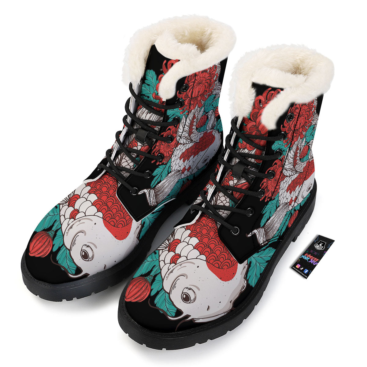 Chrysanthemums And Japanese Koi Print Winter Boots-grizzshop