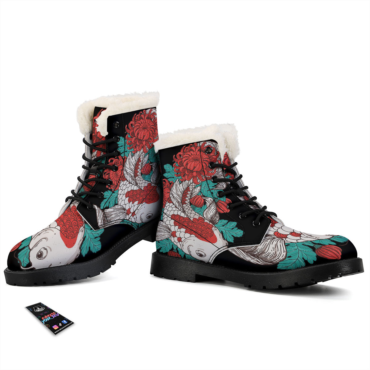 Chrysanthemums And Japanese Koi Print Winter Boots-grizzshop