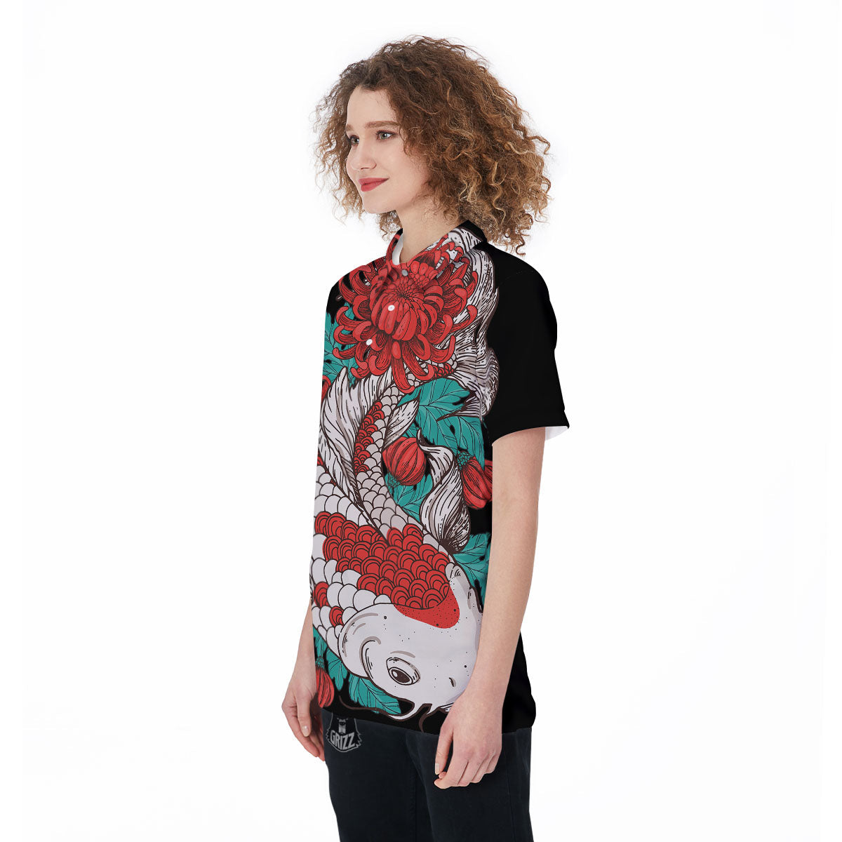 Chrysanthemums And Japanese Koi Print Women's Golf Shirts-grizzshop