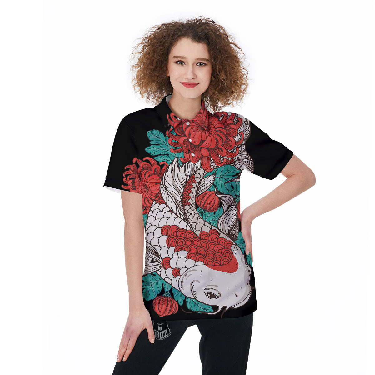 Chrysanthemums And Japanese Koi Print Women's Golf Shirts-grizzshop
