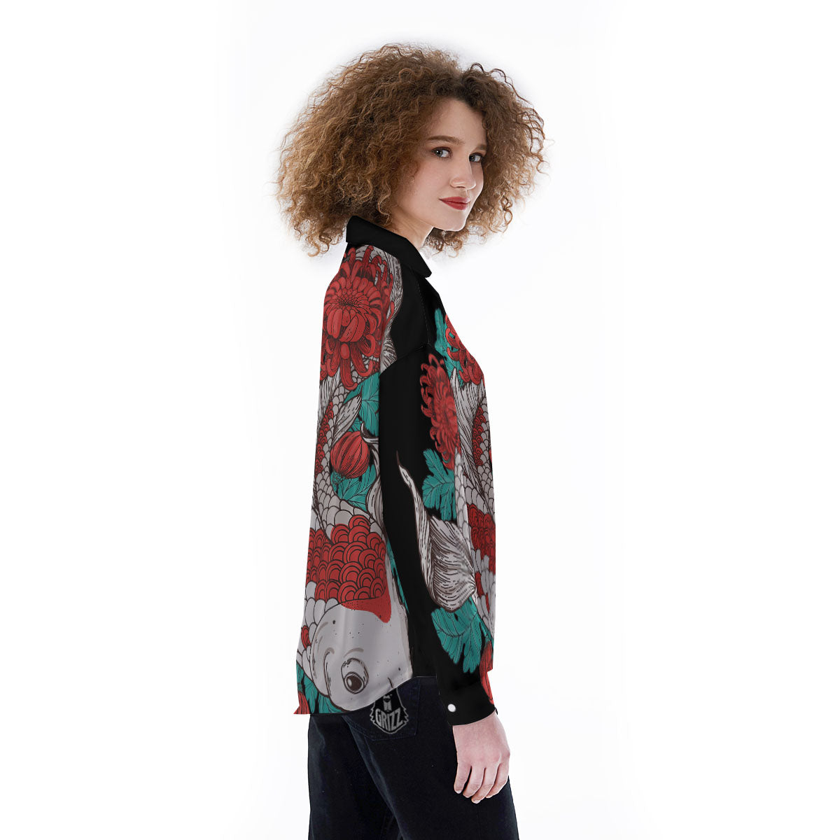 Chrysanthemums And Japanese Koi Print Women's Long Sleeve Shirts-grizzshop