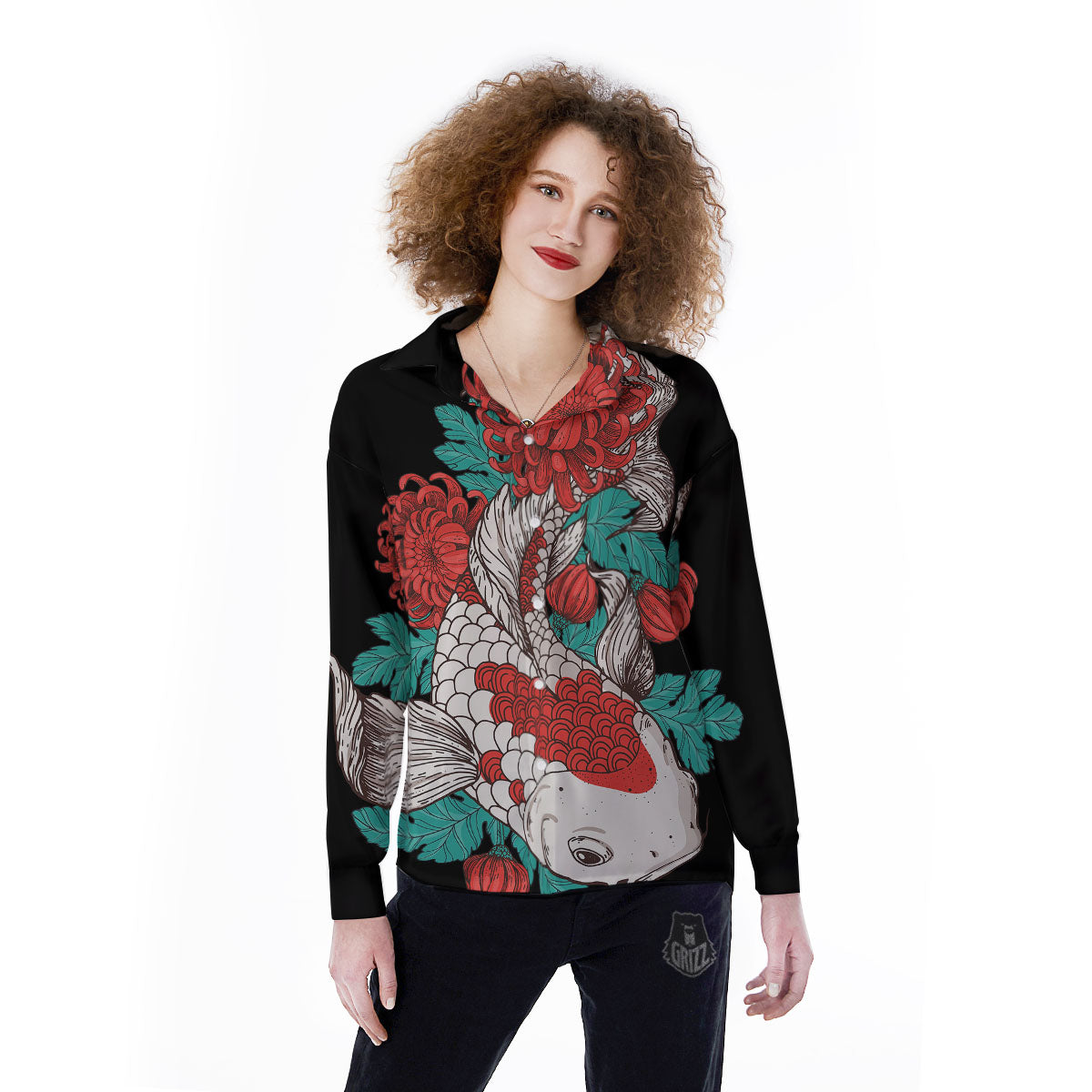 Chrysanthemums And Japanese Koi Print Women's Long Sleeve Shirts-grizzshop