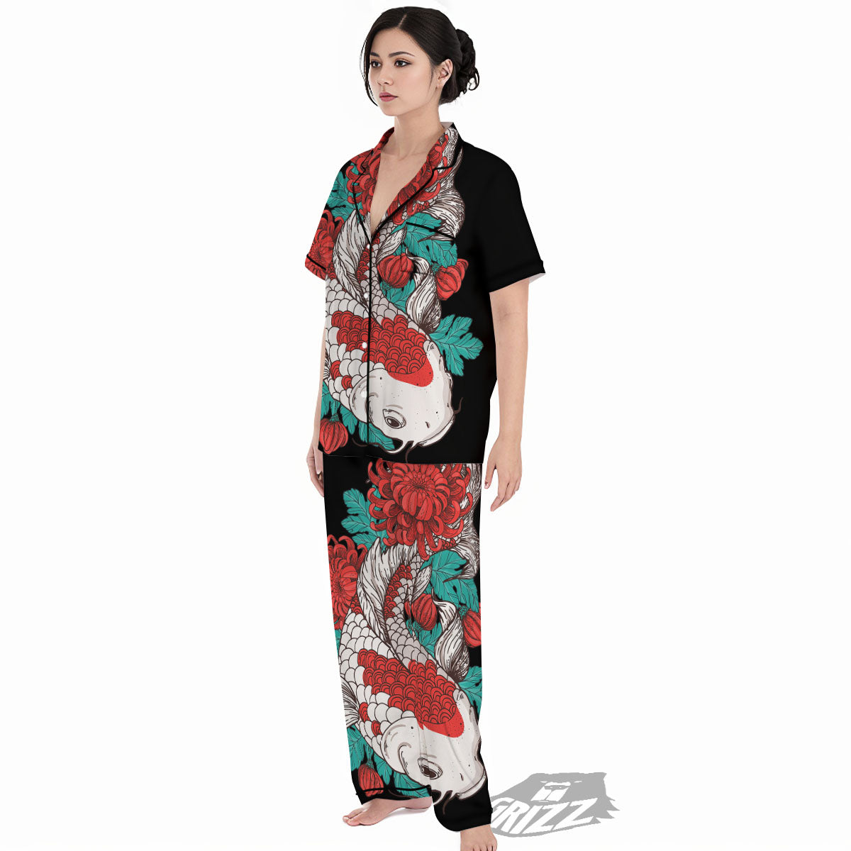 Chrysanthemums And Japanese Koi Print Women's Pajamas Set-grizzshop
