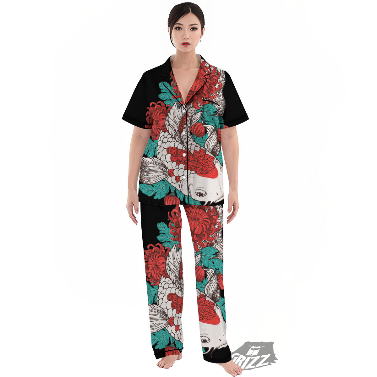 Chrysanthemums And Japanese Koi Print Women's Pajamas Set-grizzshop