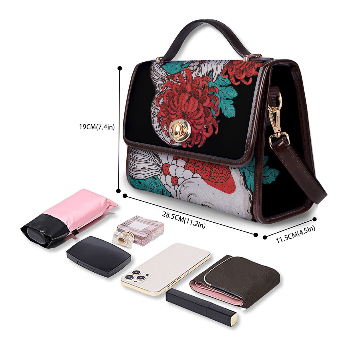 Chrysanthemums And Japanese Koi Print Women's Satchel Bag
