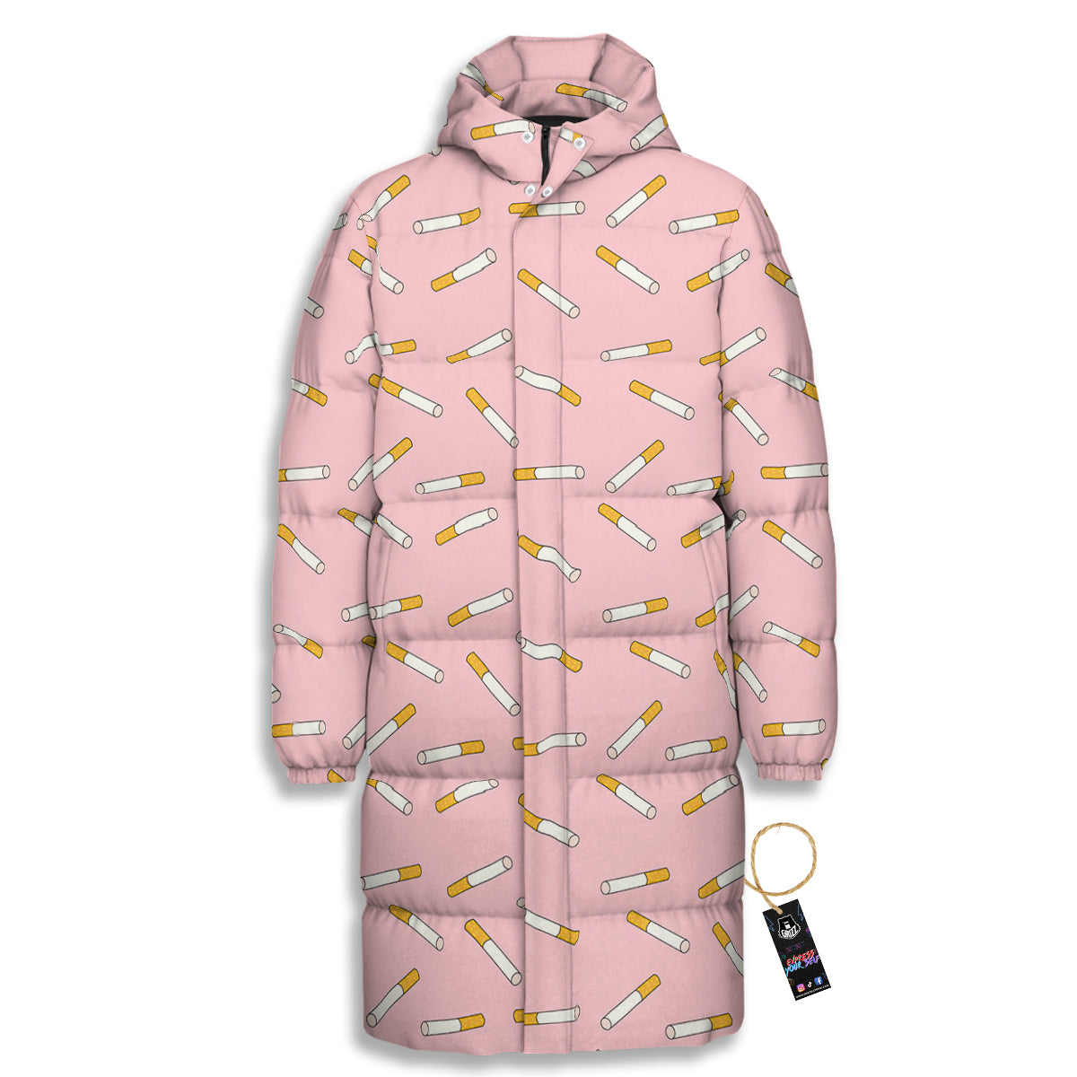Cigarette And Pink Print Pattern Long Down Jacket-grizzshop