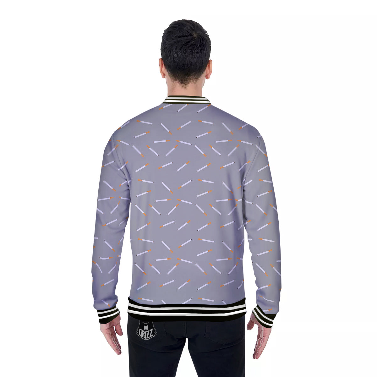 Cigarette Gray Print Pattern Baseball Jacket-grizzshop