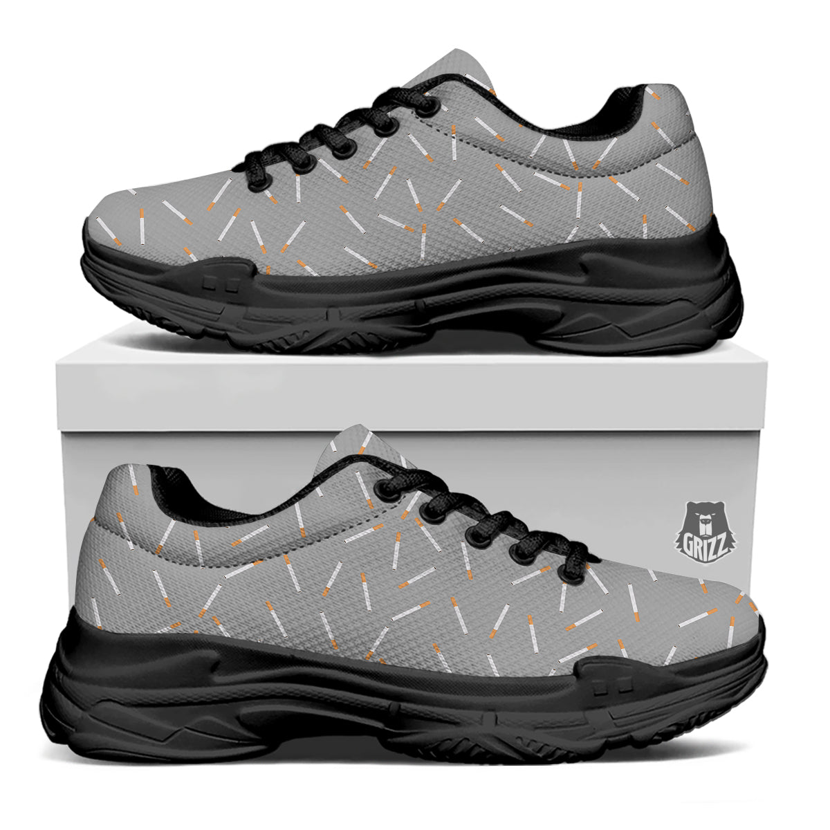 Cigarette Gray Print Pattern Black Chunky Shoes-grizzshop