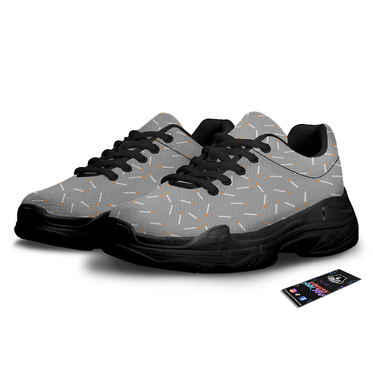 Cigarette Gray Print Pattern Black Chunky Shoes-grizzshop