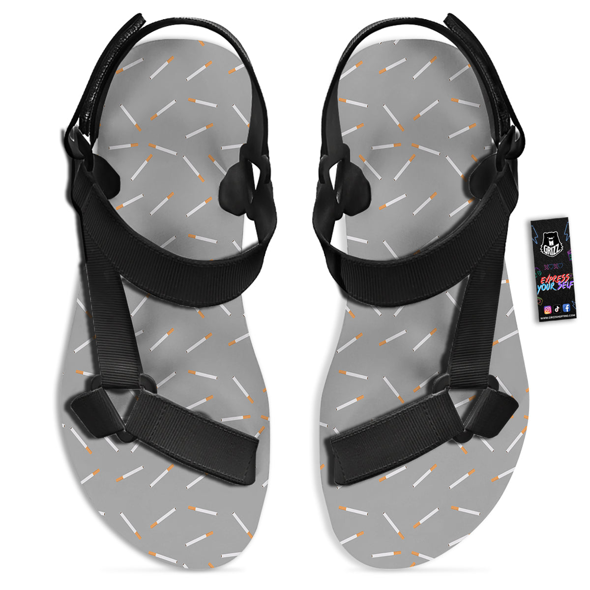 Cigarette Gray Print Pattern Black Open Toe Sandals-grizzshop
