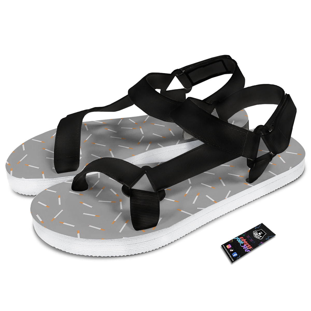 Cigarette Gray Print Pattern Black Open Toe Sandals-grizzshop
