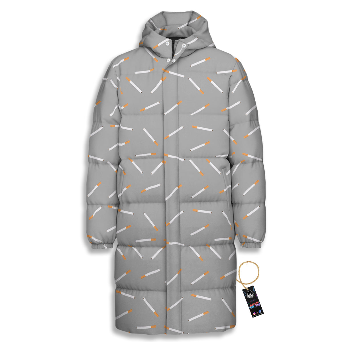 Cigarette Gray Print Pattern Long Down Jacket-grizzshop