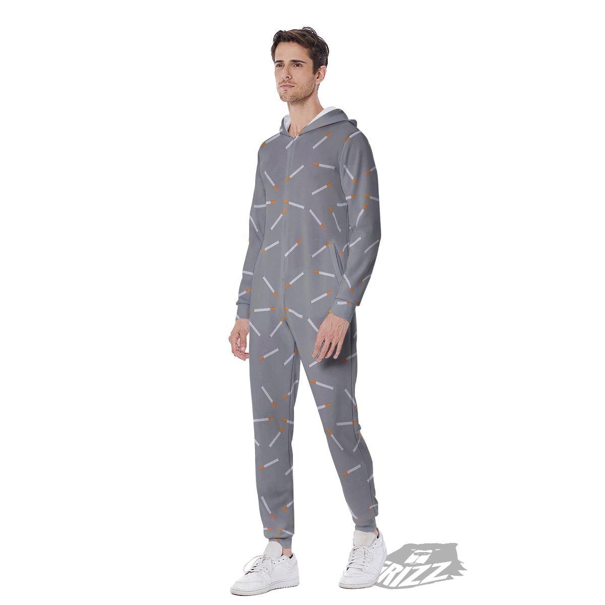 Cigarette Gray Print Pattern Men's Jumpsuit-grizzshop